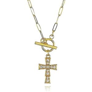 Diamond Cross Toggle‎ Paperclip Necklace | 18k Gold Filled